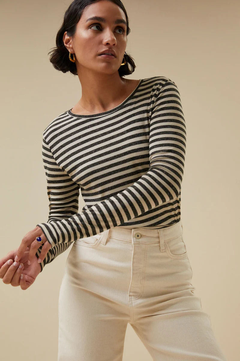 Basic LS Stripe Top | Chalk